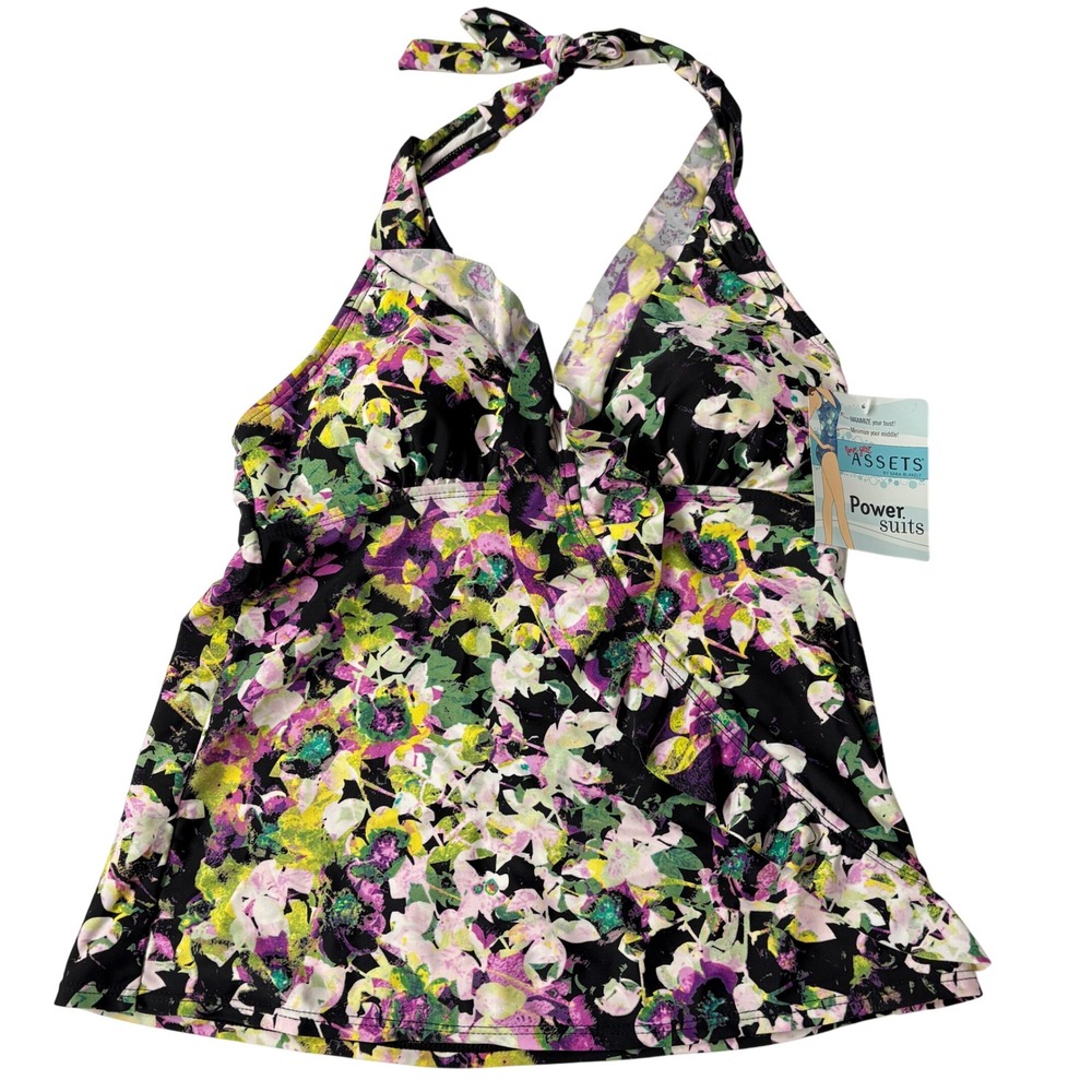 NWT ASSETS Women Tankini Top S Black Floral Power Suits Halter 1708 Slimming